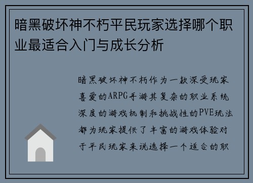 暗黑破坏神不朽平民玩家选择哪个职业最适合入门与成长分析